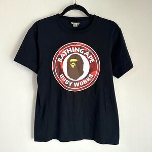 BAPE Bathing Ape Busy Works Logo Tee T-Shirt Graphic Red Camo Black Small Mens